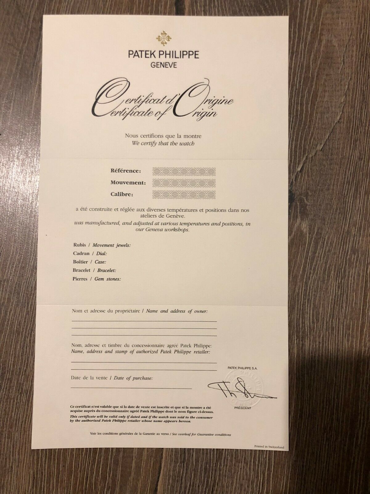 patek philippe Certificate of origin