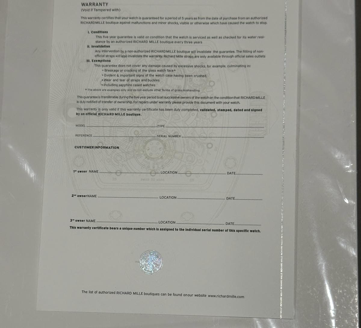 RIchard Mille Certificate of Origin