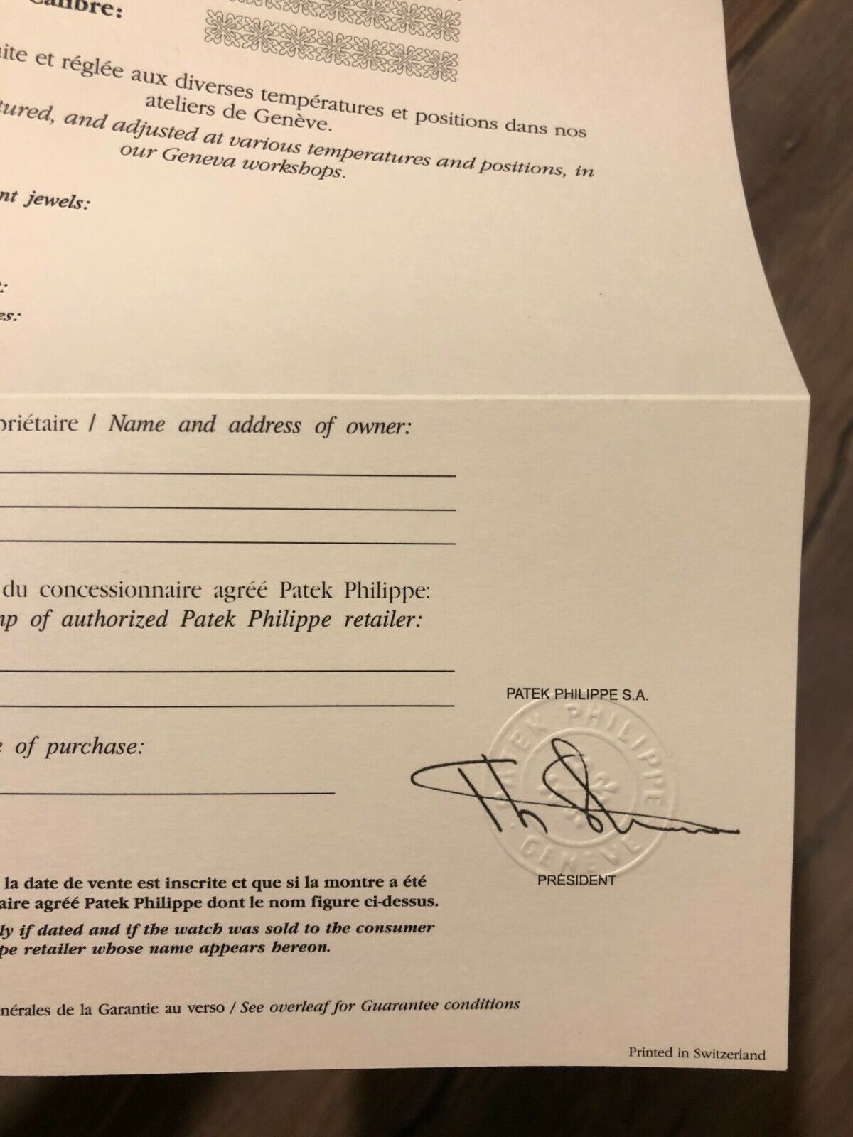 patek philippe Certificate of origin